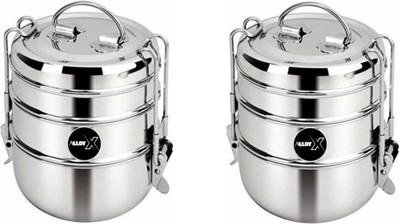 AOLLYX Stainless steel traditional tiffin clip carrier lunch box 8/3 Combo (PACK OF 2) 3 Containers Lunch Box(1200 ml)