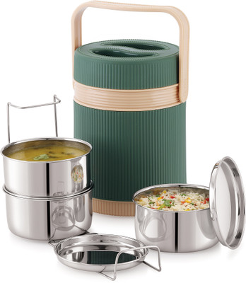 Nabhya PU Insulated Steel & Plastic Tiffin Box 300ml Each With Insulated Box For Office 3 Containers Lunch Box(900 ml, Thermoware)