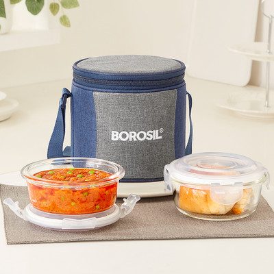BOROSIL Alora Borosilicate Glass Lunchbox, 2 pc Round Set (400 ml Each), Vertical 2 Containers Lunch Box(800 ml)