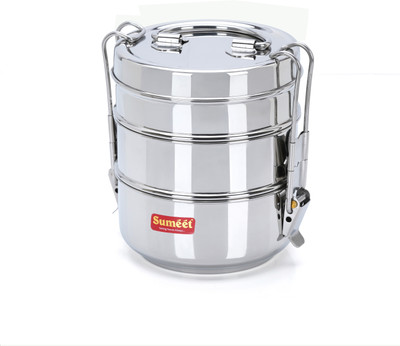 Sumeet Stainless Steel Small Size 3 Compartment Lunch Box/Tiffin with Lid & Handle,10Cm 3 Containers Lunch Box(1000 ml)