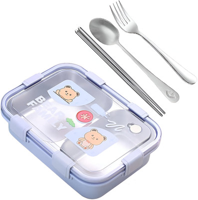 Masox Store Adorable Bear Lunch Box with Fork, Spoon – 2 Compartments, Leak-Proof Lid 2 Containers Lunch Box(750 ml, Thermoware)