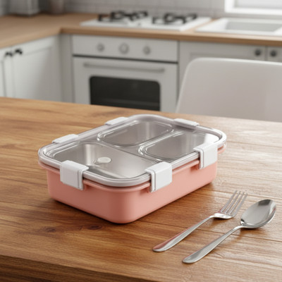 GOOGLY STORE Stainless Steel Lunchbox - Set of 3 (1 Spoon & Fork) | Leakproof Airhole Lid 3 Containers Lunch Box(900 ml, Thermoware)