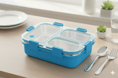 VSELL Airtight Lunch BoxSteel Box, Tiffin for Kids, School with Spoon & Fork BPA Free 3 Containers Lunch Box(800 ml, Thermoware)