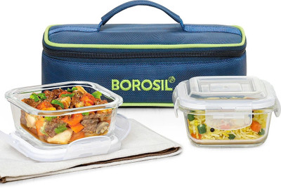 BOROSIL Blue Bag Lunch Box with Bag, 2 Pc (320 ml x 2 Square) Tiifin, Horizontal 2 Containers Lunch Box(640 ml)
