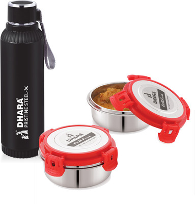 Dhara Stainless Steel Fit N Fresh Tiffin Box Containers Red 200 ml Each + Quench Bottle 700 ml Black 2 Containers Lunch Box(400 ml)