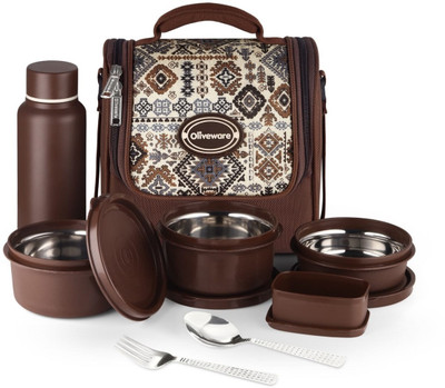 Oliveware set of 4 (1x290ml,Steel Bottle 500ml & cutlery 4 Containers Lunch Box(1820 ml)