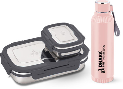 Dhara Stainless Steel Quench Water Bottle 700ml Pink & Blaze Lunch Box Containers 900ml + 200ml Grey 2 Containers Lunch Box(1100 ml)