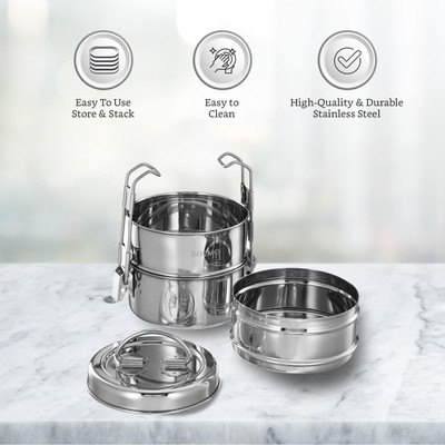 AOLLYX Stainless Steel 3 Compartment Lunch Box / Tiffin with Lid and Handle 3 Containers Lunch Box(1100 ml)