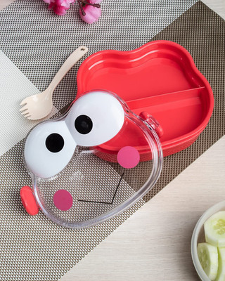 URSHIGAR Double Layer Frog Shape Lunch Box for Kids with Spoon, Red, Plastic, 1.2 Liters 2 Containers Lunch Box(1200 ml)