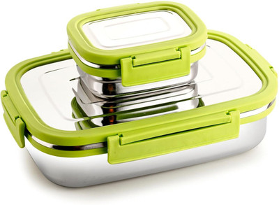 reva tech Stainless Steel Tiffin Lunch Box Container/Dabba with 4 Side Clip Lock Lid 2 Containers Lunch Box(900 ml)