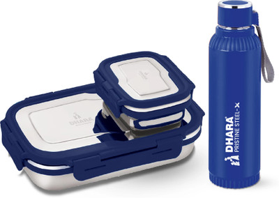 Dhara Stainless Steel Quench Bottle 700ml Royal Blue & Blaze Lunch Box 900ml + 200ml Navy Blue 2 Containers Lunch Box(1100 ml)