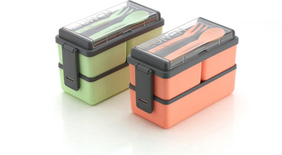 Skymoon Kitchenware Premium Quality Plastic Lunch Box Tiffin Box 3 Containers 2pcs set(Orange-Pista) 3 Containers Lunch Box(1500 ml)
