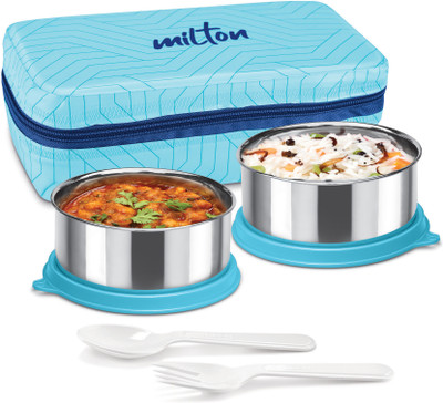 MILTON Mini Lunch Prime with Bag 2 Stainless Steel Containers 300ml Each & Cutlery Blue 2 Containers Lunch Box(280 ml)
