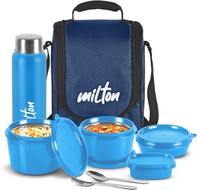 MILTON Pro Lunch Box (3 Containers, 1 Chutney Dabba, 1 Bottle, Spoon, Fork), Blue 4 Containers Lunch Box(1800 ml, Thermoware)