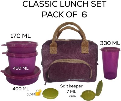 TUPPERWARE New Classic Lunch Set Airtight 4 Container + Salt Pepper 7Ml +Bag (Pack of 6) 5 Containers Lunch Box(1357 ml)