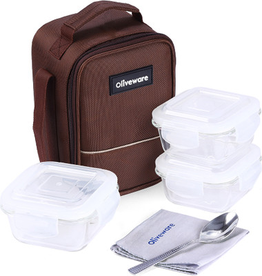 Oliveware Microwave Safe Glassware Lunch Box 3 Containers Lunch Box(900 ml)