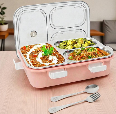 Colorbee Premium Leakproof 3-Compartment Steel Lunch Box with Built-In Utensil Storage 3 Containers Lunch Box(750 ml, Thermoware)