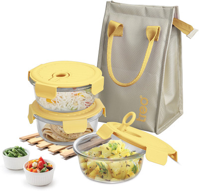 TREO Lumino Fresh Round Borosilicate Glass Lunch Box Set of 3 Yellow 400ml Each & Bag 3 Containers Lunch Box(400 ml)