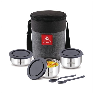 ATTRO Fresho Stainless Steel Double Wall Lunch Pack, Airtight & Leak Proof Grey 3 Containers Lunch Box(800 ml, Thermoware)