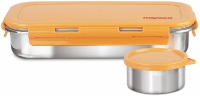 NAYASA Steel Kids Lunch Box with Four Side Clip and One Round Container ORANGE 2 Containers Lunch Box(800 ml)