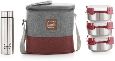 BASIK Featherline Premio 4 Jumbo Stainless Steel Lunch Pack (Maroon and Grey) 4 Containers Lunch Box(1650 ml)