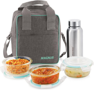 Magnus Vivid Glass Lunch Box with Vertical Linen Pouch and Fixed Clip, 1 SS Bottle 3 Containers Lunch Box(1900 ml)