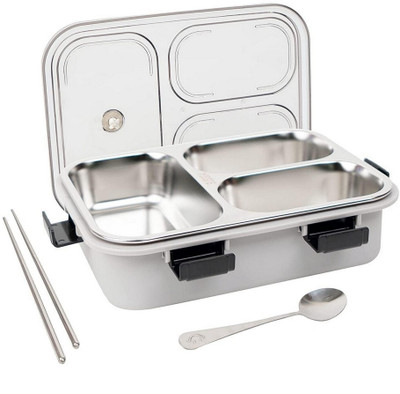 HM EVOTEK Stainless Steel 3 Compartment Lunch Box with Chopstick & Spoon Lid for School E5 3 Containers Lunch Box(350 ml, Thermoware)