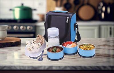 Serenity Lunch Box Soft Insulated (3 SS Container,2 Spoon,1 bottle,1 Oval Container),Blue 4 Containers Lunch Box(350 ml)