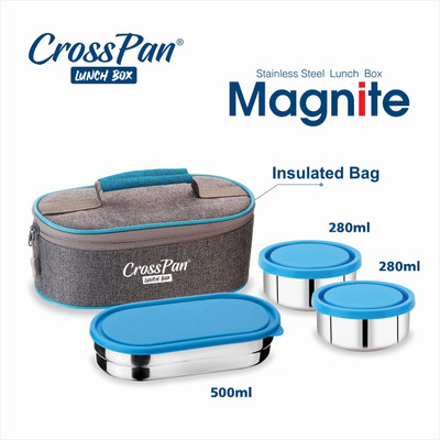 CrossPan Magnite Stainless Steel Tiffin Box with 750ml SS Water Bottle for Office 3 Containers Lunch Box(1060 ml)