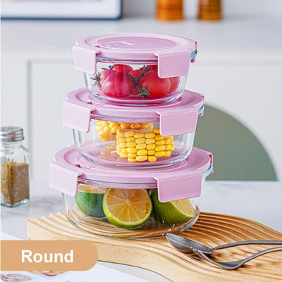 VIRCO Store Round Glass Food Storage Container with Air Tight Lid | Glass Container 3 Containers Lunch Box(1750 ml)