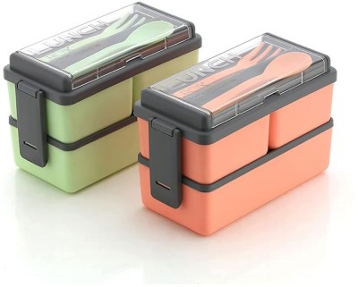 Kitchenetic Double Decker 3 Compartment Plastic Lunch Box With Cutlery For Daily Use 6 Containers Lunch Box(3000 ml)