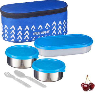 Trueware 2+1 Elite Stainless Steel Lunch Box-2 Container 300 ml & 1 PP Container 500 ml 3 Containers Lunch Box(1100 ml)