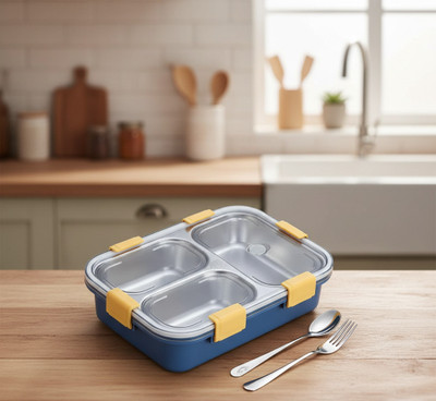 GOOGLY STORE Stainless Steel Lunchbox - Set of 3 (1 Spoon & Fork) | Leakproof Airhole Lid 3 Containers Lunch Box(900 ml, Thermoware)