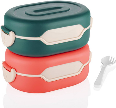 Masox Store Lunch Box Comes with 2 Compartment, Spoon & Lid Made with Heavy Plastic U3 2 Containers Lunch Box(750 ml)