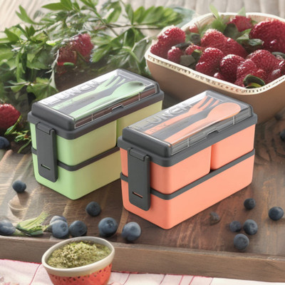 Porslin Combo of 2 Pista and Orange with Spoon and Fork Office School Collage 6 Containers Lunch Box(3000 ml)