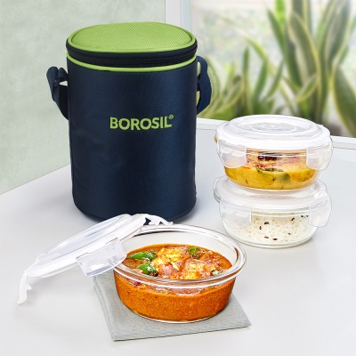 BOROSIL Alfa Green Lunch Box Set of 3 (400 ml Each), Round, Microwave Safe Tiffin 3 Containers Lunch Box(1200 ml)