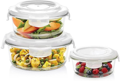 BOROSIL Klip-N-Store Set of 3 Microwave & Oven Safe Gift Set, Glass Storage Container, 400ml, 620ml & 950ml Round, with Air Tight Lid (Transparent) 3 Containers Lunch Box(400 ml)