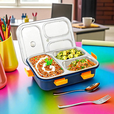 Colorbee Portable Stainless Steel Lunch Box with 3 Compartments for Work Lunch 3 Containers Lunch Box(750 ml, Thermoware)