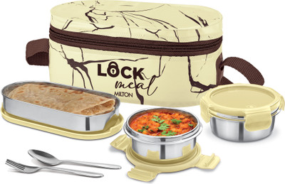 MILTON Lock Meal 2 Round Inner Steel 320ml each, 1 Oval Containers 450ml, Cutlery & Bag 3 Containers Lunch Box(450 ml)