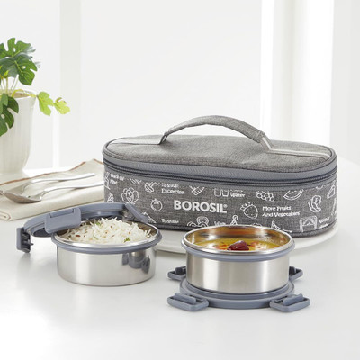 BOROSIL Slate Stainless Lunchbox, 2pc Set (280ml x 2), Single Wall Tiffin, Horizontal 2 Containers Lunch Box(560 ml)