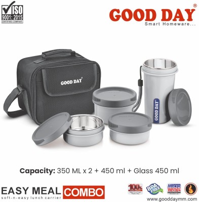 Good Day Easy Meal Combo 3 Containers 1 Glass with Detachable Inner Steel 3 Containers Lunch Box(1250 ml, Thermoware)