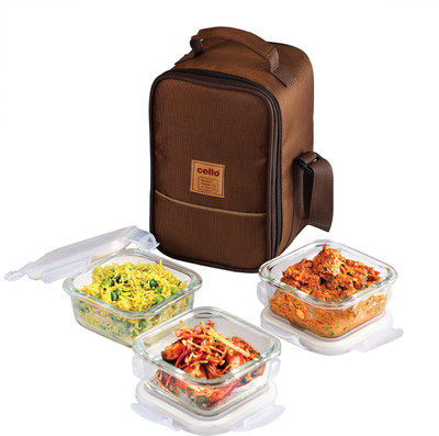cello MF Glassy Seal O Fresh Square Borosilicate 3 Containers Lunch Box(320 ml)
