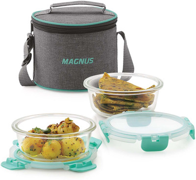 Magnus Glock Linen Glass Lunch Box with Vertical Pouch 2 Containers Lunch Box(800 ml)