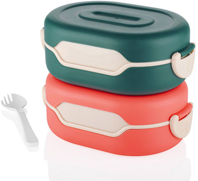 RBGIIT 2 Compartment Lunch Box with Spoon & Lid Made with Heavy Plastic Material U3 2 Containers Lunch Box(750 ml)
