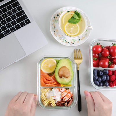 V M PARTNER 2-Partition Glass Lunch Bowl (Pack Of 1) (S) 1 Containers Lunch Box(1000 ml)