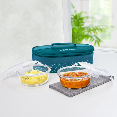 BOROSIL Teal Lunch Box with Bag, 2pc (400 ml x 2 Round), Horizontal Glass Office Tiifin 2 Containers Lunch Box(800 ml)