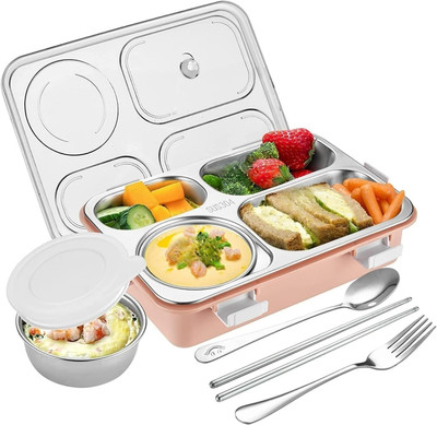 FUNVERSE Stainless Steel Lunch Box with 4 Compartment with Spoon for Kids & Adults 4 Containers Lunch Box(1300 ml)