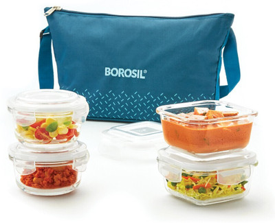BOROSIL Teal Daisy Bag, 4 Pc (320ml x 2 Square + 240ml x 2 Round), Tiifin for office 4 Containers Lunch Box(1120 ml)