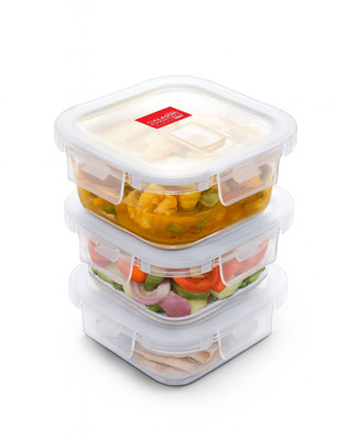 Classic Essentials Square Glass Microwave Safe Borosilicate 3 Containers Glass Office Lunch Box(1200 ml)