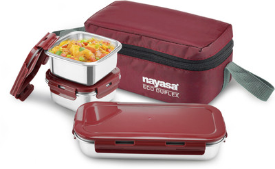 NAYASA Eco Duplex 3 Stainless Steel Lunch Box Set with Soft Insulated Bag 3 Containers Lunch Box(350 ml)